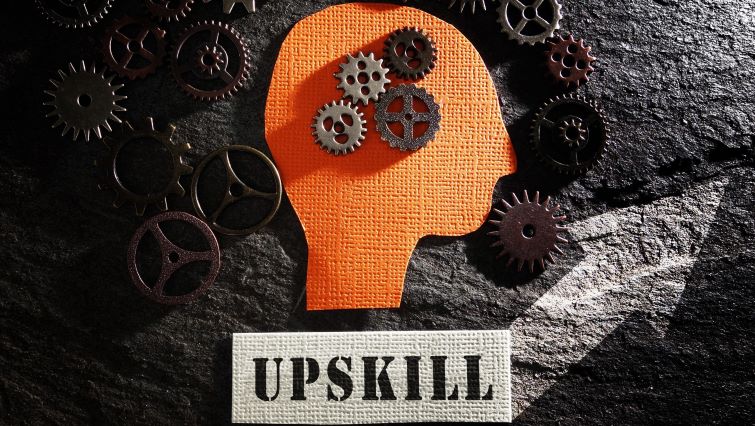 The Upskilling Revolution - An outline of a person heads filled with turning gears in the process of learning, and the work UPSKILLING written underneath.