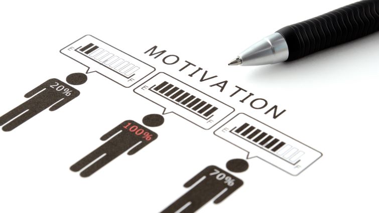 Stay Motivated - A bar labelled motivation that is filling up over professional business people.