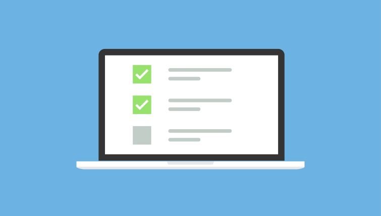 8 Essentials Of An HR Checklist For Startups - a checklist with green checkmarks on a laptop screen against a blue background.