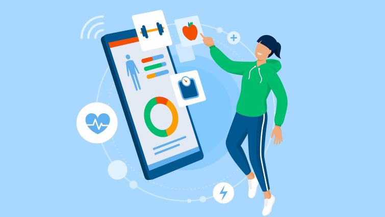 8 Reasons Why Employee Online Wellness Programs Are Essential = a person in front of a cartoon image of smartphone accessing a variety of online health programs.