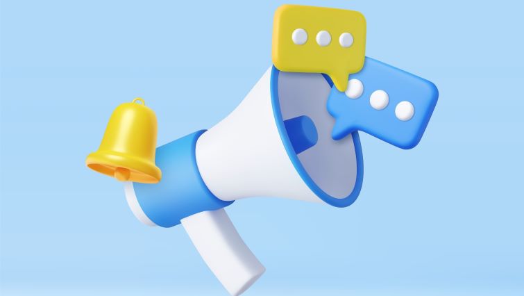 Leadership Communication Trends in 2024 - a 3d megaphone with texts and announcements emerging.