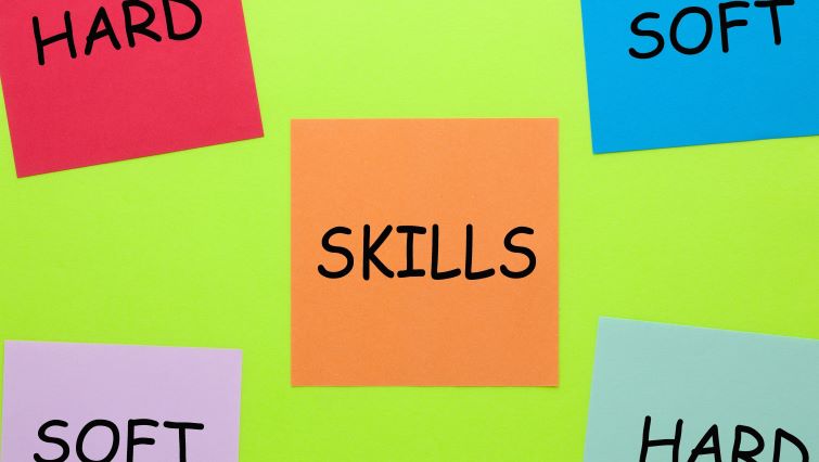 Hard Skills vs Soft Skills - a series of sticky notes that say hard skills and soft skills.