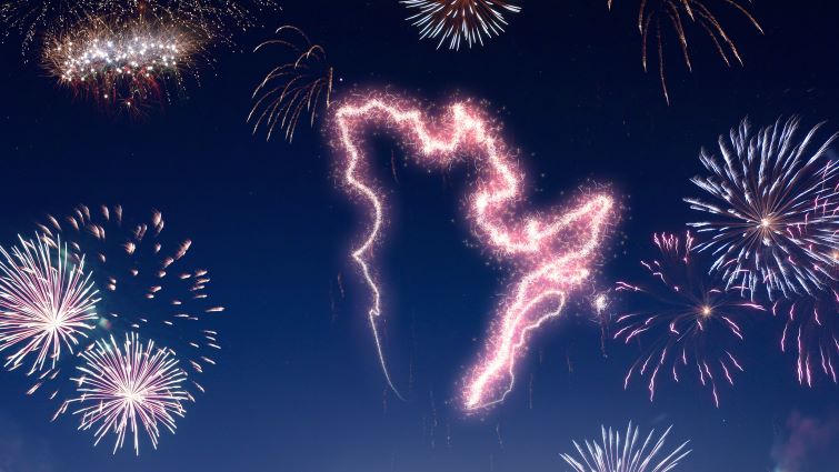 2025 Statutory Holidays in Québec - fireworks in the shape of Quebec.