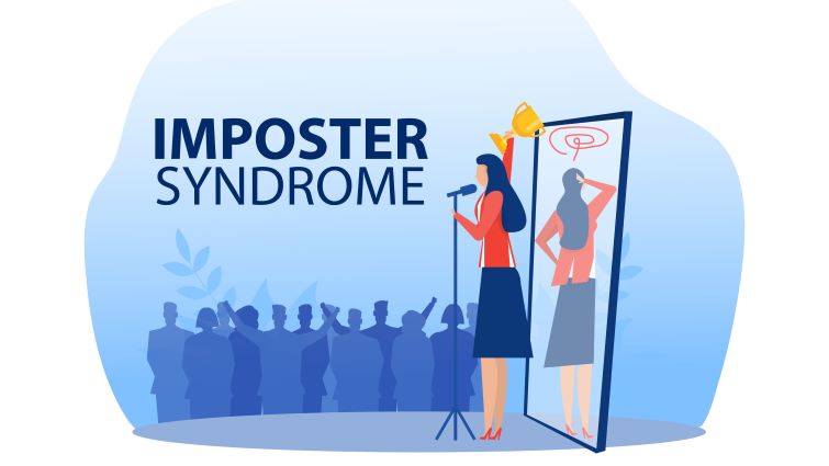 How to Identify and Overcome Imposter Syndrome in the Workplace - a person speaks in front of crowd but secretly is very nervous.